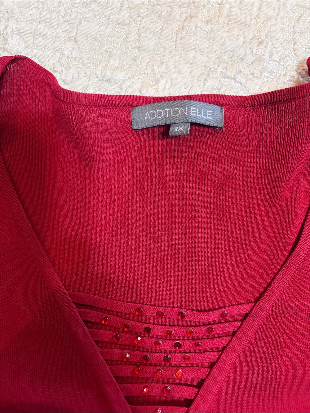 Addition Elle Deep Red V-Neck Sweater with Front Rhinestone Detail